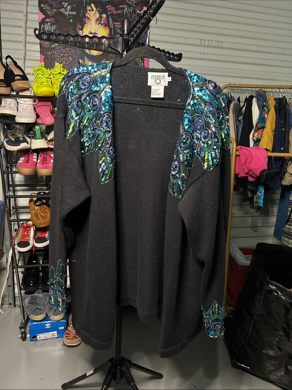 VTG Black Open-Front Cardigan Blue-Green Sequin Shoulder Detail oversized large